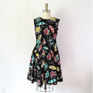 Emily and Fin Lucy Street Cafe Print Modcloth Novelty Cotton Dress Sleeveless M
